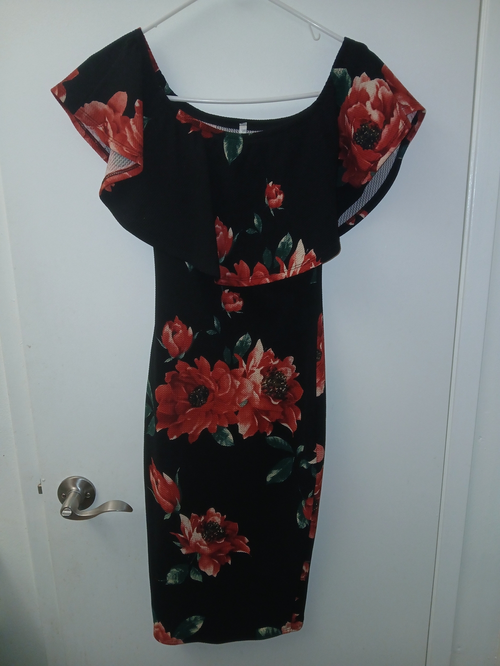 Black Off-Shoulder Midi Dress with Red Floral Print